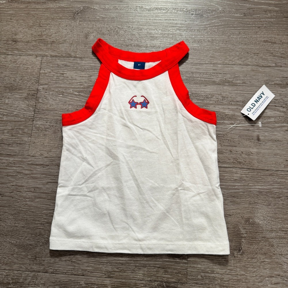 Old Navy Toddler Tank Top Size 3T Glasses Graphic Red White Casual Unisex Kids